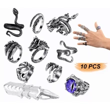 10 Gothic Steel Rings, Adjustable Eye Dragon Claw Snake