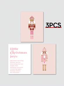 3入組聖誕節粉紅色胡桃夾子快樂假期女孩房間壁畫裝飾無框畫布印刷品 - 彩色 - 查看 3