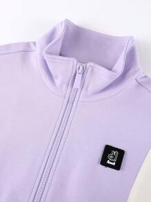 Annil Tween女孩春秋運動衫套裝，時尚長袖夾克和長褲Tween兩件套裝黑色 - 紫色 - 查看 3