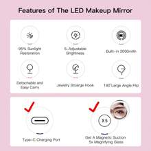 Espejo De Maquillaje Led Iluminado Amiro, Espejo De Tocador De 8" Recargable Y Ajustable Con 180° De Rotación, Espejo De Aumento Desmontable De 5x, Blanco - Blanco - Ver 6