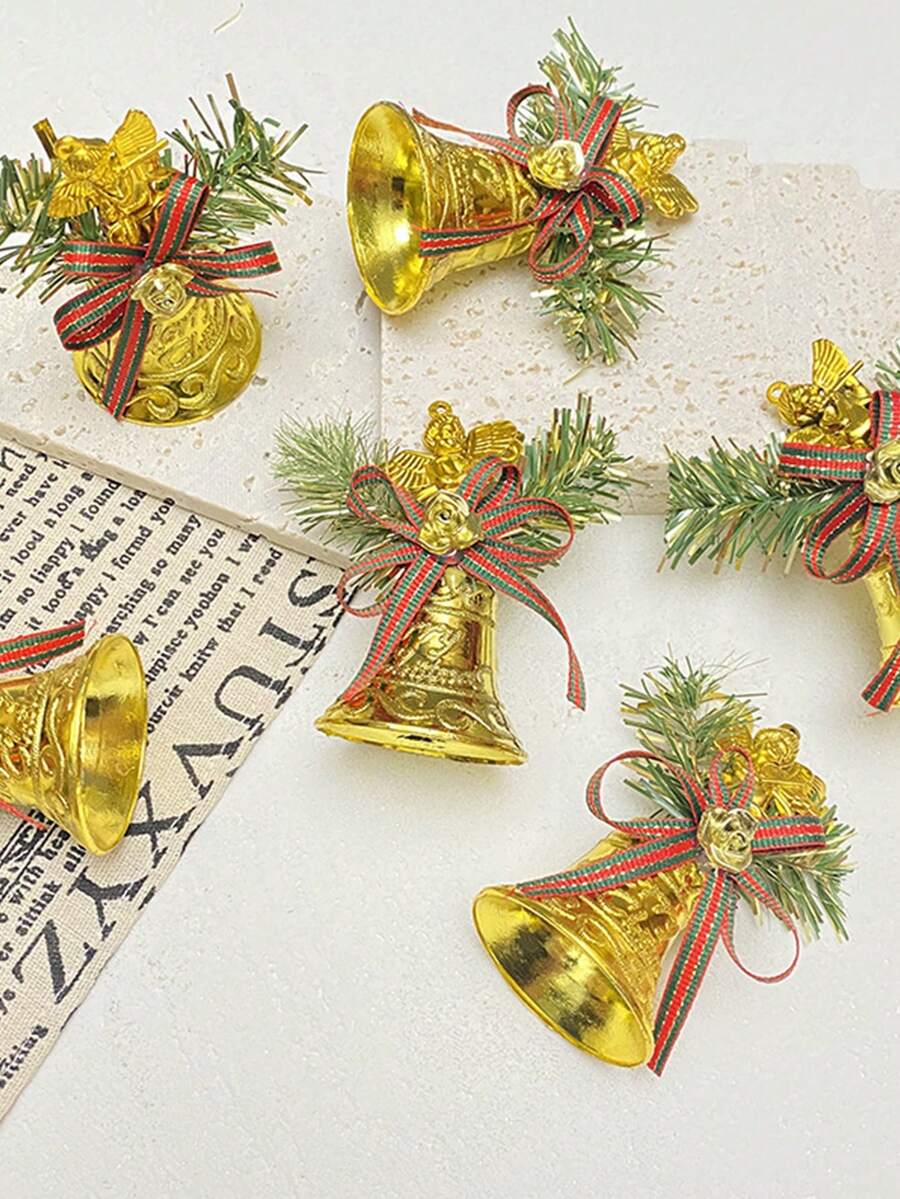 6pcs/pack Christmas Ribbon With Plastic Golden Wings Angel Bell Tree Decoration Pendant - Christmas bells - View 1
