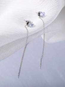 Nooxian 1pair Ladies' Round Copper & Cubic Zirconia Tassels Threader Earrings - Silver - View 3