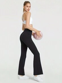 女款高腰瑜珈喇叭褲,附口袋彈性收腹健身緊身褲,純色寬褲休閒褲