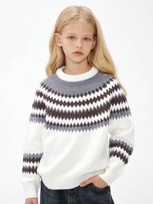 DKRD Tween Girl Geo Pattern Raglan Sleeve Sweater - White - View 7