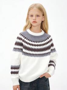 DKRD Tween Girl Geo Pattern Raglan Sleeve Sweater - White - View 6