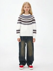 DKRD Tween Girl Geo Pattern Raglan Sleeve Sweater - White - View 2