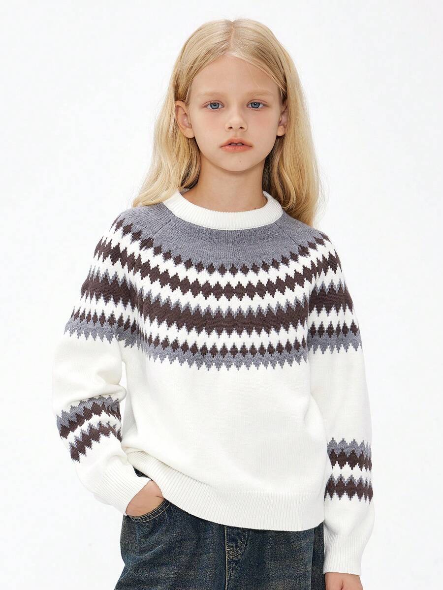 DKRD Tween Girl Geo Pattern Raglan Sleeve Sweater - White - View 1