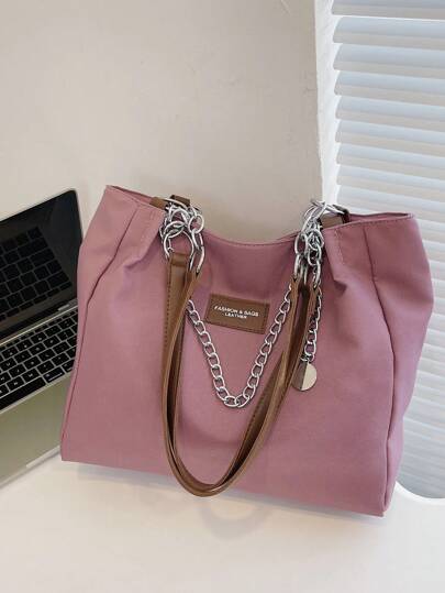 Women's Solid Color Chain Decor Shoulder Bag, Minimalist Lightweight Large Capacity Shopping Bag For Daily Office Work And Travel, Fashion Hobo Bag Crossbody Bag Handbag Backpack Back To School Teacher Appreciation Gift(Size:33*26*12,Unit:Cm) , Purple