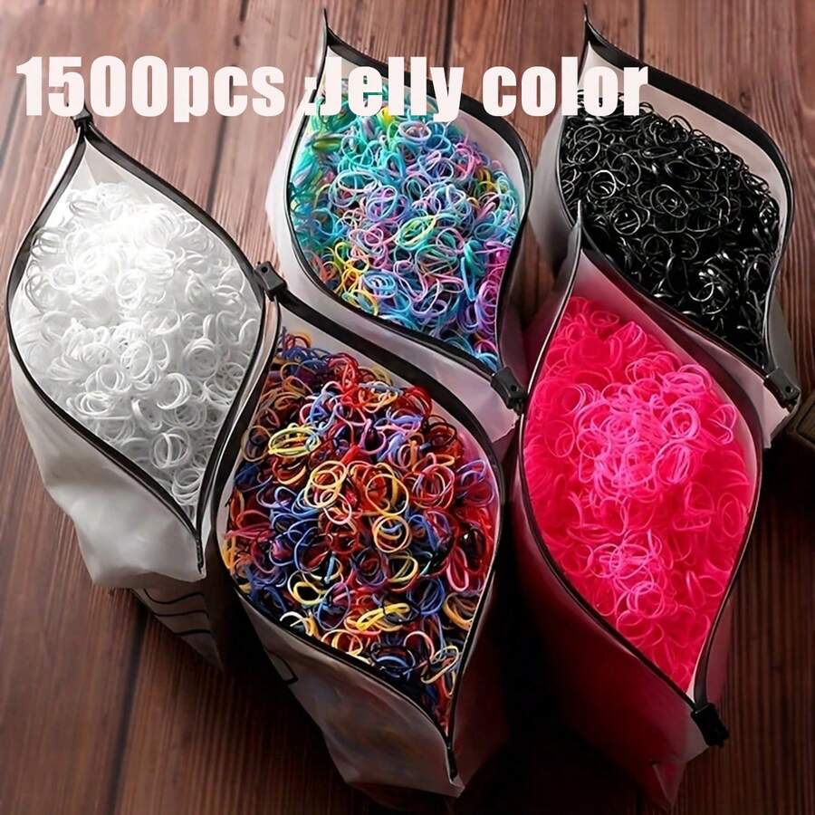 1500件/包 迷你尼龍彩色一次性髮圈,搭配收納袋,彈性髮飾套裝(果凍色),適用於女孩 - 彩色 - 查看 1