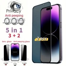 5合1絲印黑邊保護防窺全覆蓋玻璃，適用於iPhone 11 12 13 Pro Max隱私屏幕保護貼，適用於iPhone 15 14 Pro Max加強玻璃閃光燈鏡頭保護玻璃，適用於iPhone 11 12 13迷你14 15 Pro Max - 彩色 - 查看 1
