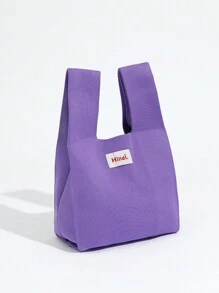 1 件紫色可折叠针织手提包/手腕包旅行手提包单肩包纯色简约休闲风格便携可折叠透气女士手提包非常适合度假、上学、工作通勤、购物 - 紫色 - 查看 1