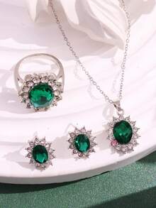 4入組/套復古幾何綠水晶項鍊,耳環,戒指套裝,適用於女性