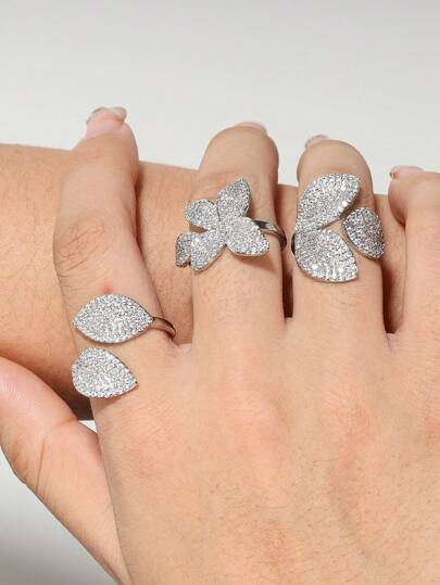 rakol 1pc Fashion Cubic Zirconia Leaf Decor Open Ring, Suitable For Women's Daily Wear