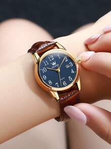 OLEVS. OLEVS Women's Business Dress Watches For Ladies Female Brown Leather Strap Small Face Dress Analog Quartz Wrist Watch With Calendar Day Date Waterproof Luminous Gift Classic Casual Retro Band - 藍色 - 查看 5