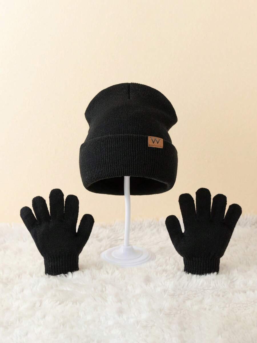 1set Children's W Logo Beanie Hat & Gloves Set - Black - View 1