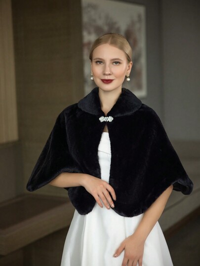 1pc Black Baroque Style Sparkling Bridal Shawl With Rhinestone Buckle For Party Or Event Warm Plush Shawl Fall Clothes For Women