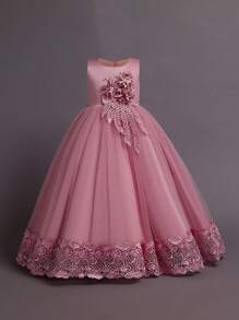 Girls' Solid Color Tulle 3D Floral Elegant Formal Dress, Suitable For Weddings And Banquets, Excluding Headband