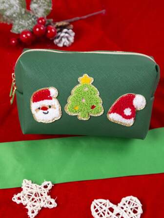 1件装毛巾刺绣圣诞图案PU防水绿色化妆包，洗漱包，收纳包，大容量，适合日常商务旅行、度假、节日，礼品化妆包收纳化妆品整理盒，女士礼物，圣诞礼物，女士礼物创意