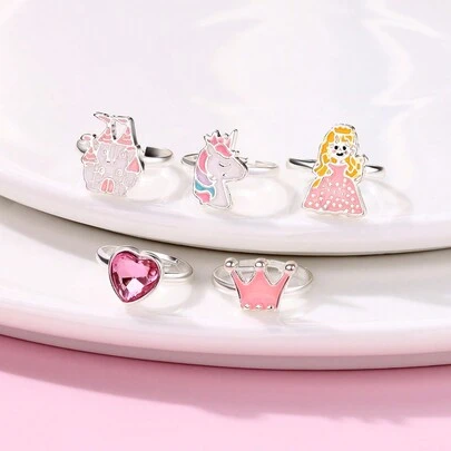 5 piezas/set Chicas corona , con unicornio , princesa , con diseño de corazón aleación de zinc de colores Aceite castillo de plástico Caja anillos , adecuado para uso diario