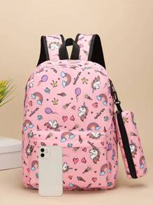 3pcs/set Fashionable Cartoon Girl Printed Nylon Backpack, Schoolbag With Large Capacity - Pink - View 4