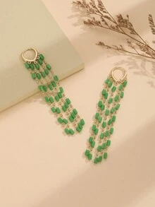 1對手工製作的綠色水晶長流蘇銅耳環,適合女性日常佩戴