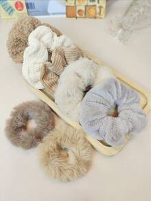 7 件女士毛绒针织大蝴蝶结发带套装，适合高马尾或发髻，秋冬季 - 彩色 - 查看 2