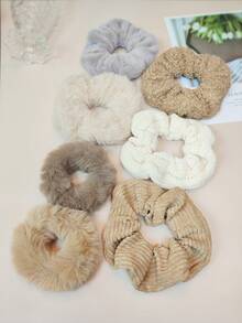 7 件女士毛绒针织大蝴蝶结发带套装，适合高马尾或发髻，秋冬季 - 彩色 - 查看 6