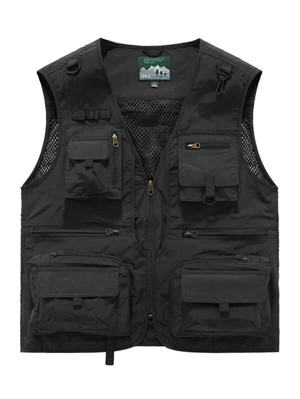 Chaleco ligero informal para primavera/verano con cuello camisero para hombres de mediana edad, chaleco con múltiples bolsillos para pesca/senderismo/actividades al aire libre