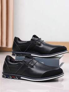 男士 Slip-on 麵包鞋純色平底鞋,黑色皮革休閒鞋適用於日常和運動 - 黑色 - 查看 3