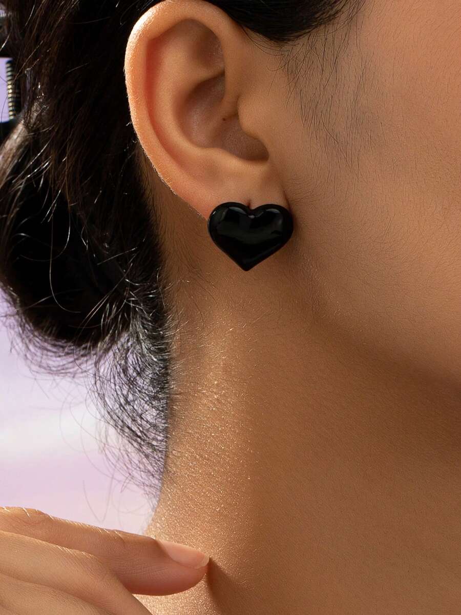 1 对简约实用的多功能几何心形耳钉 - 黑色 - 查看 1