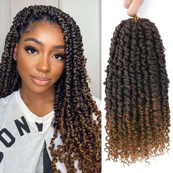 1 Pack 12 Strands Ombre Brown Pre-Looped Passion Twists Braiding Synthetic Hair 12 Inch, Pre-Twisted, Short Crochet Passion Twist Hair Extensions For Women