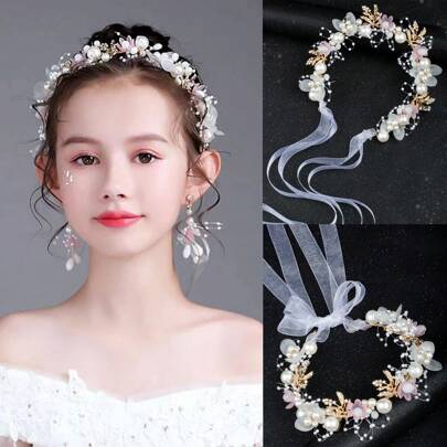 1 女童春夏新款珍珠水鑽花花圈適合婚禮季節花童、舞台表演或度假郊遊