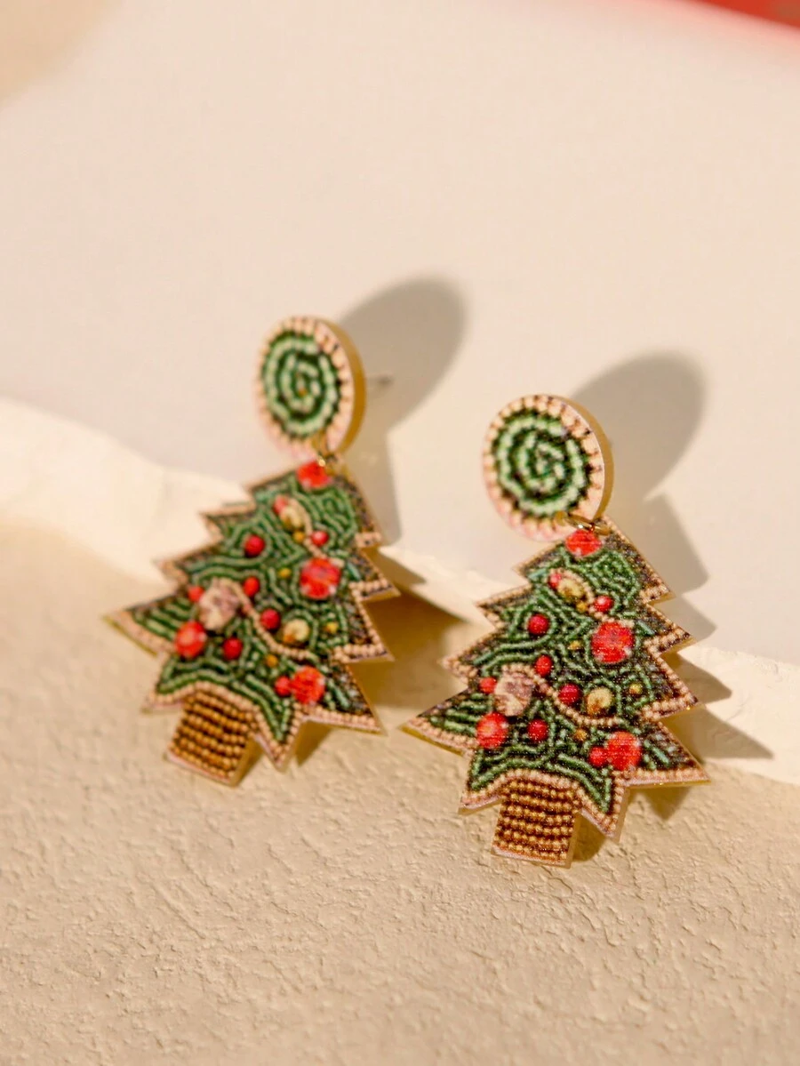 有趣可愛的亞克力印花珠聖誕樹耳環 - 聖誕派對、女孩和青少年的聖誕節禮物