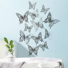 12入組銀色和香檳色3D中空蝴蝶壁貼，可與假珍珠DIY搭配，適用於臥室、兒童房、書房、餐廳、客廳、辦公室、冰箱等 - 銀色 - 查看 1