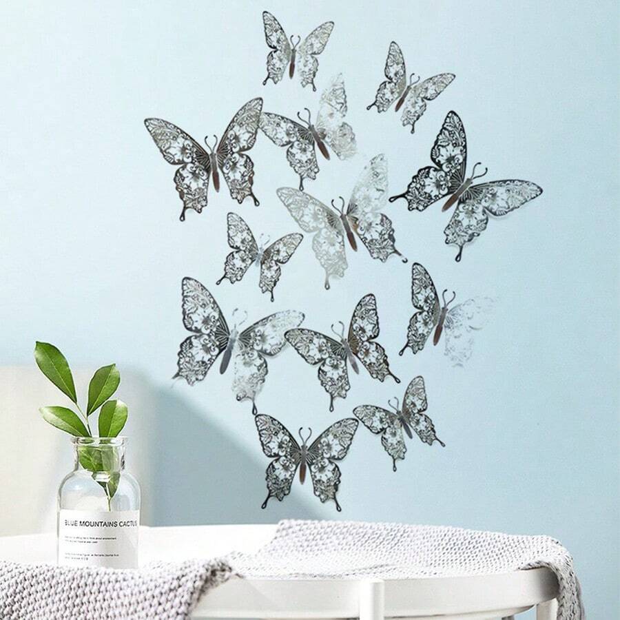 12入組銀色和香檳色3D中空蝴蝶壁貼，可與假珍珠DIY搭配，適用於臥室、兒童房、書房、餐廳、客廳、辦公室、冰箱等 - 銀色 - 查看 1