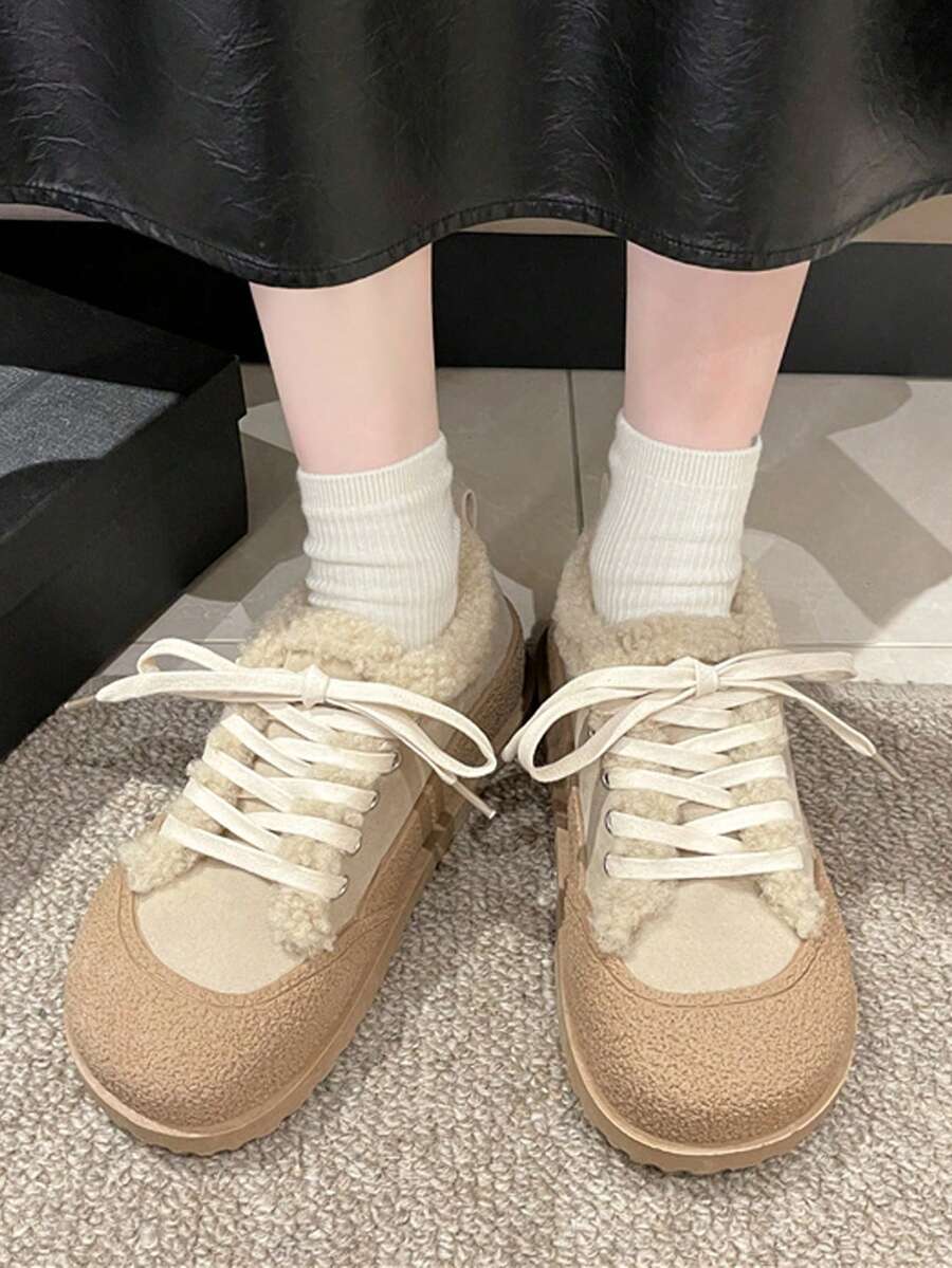 女士厚底短毛絨保暖鞋冬季麂皮防滑休閒鞋帶毛皮保暖 - 米色 - 查看 1