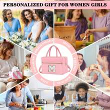 Initial Lunch Bag Graduation Gifts For Women Girls Cute Pink Monogram Tote Lunch Bag Insulated Lunch Cooler Bag Lunch Box Gift For Teen Girls Kids Women Work - 粉色 - 查看 9
