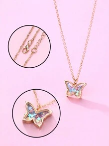 1入組女孩蝴蝶鋅合金五尖星星&PVC彩色金屬亮絲吊墜項鍊,合適的適用於日常穿著 - 金黃色 - 查看 3