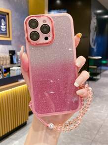 1pc Translucent Pink Phone Case With Beaded Wrist Strap Compatible With IPhone/Compatible With Samsung/Compatible With Xiaomi/Compatible With Redmi/Compatible With Oppo/Compatible With Vivo,International Version, Not The Domestic Version - Baby Pink - View 1