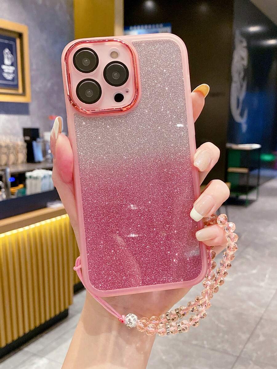 1pc Translucent Pink Phone Case With Beaded Wrist Strap Compatible With IPhone/Compatible With Samsung/Compatible With Xiaomi/Compatible With Redmi/Compatible With Oppo/Compatible With Vivo,International Version, Not The Domestic Version - Baby Pink - View 1