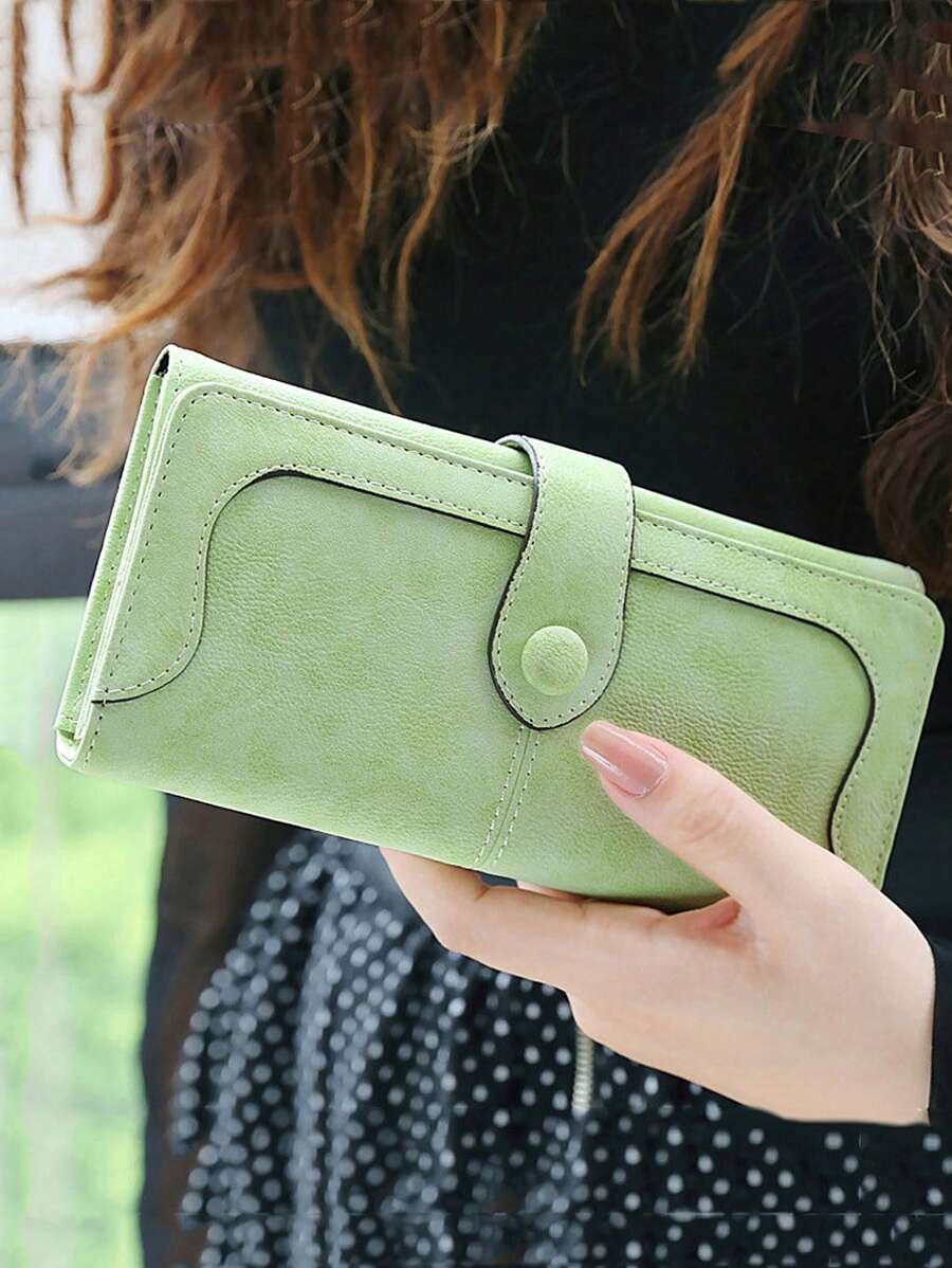 MIYIN 复古优雅缝线细节纽扣装饰女士钱包，多卡位带身份证窗口和零钱包，PU皮革对折复古信用卡夹，大容量拉链长款钱包，适合年轻女孩、女士和上班族日常使用，浅绿色 - 綠色 - 查看 1