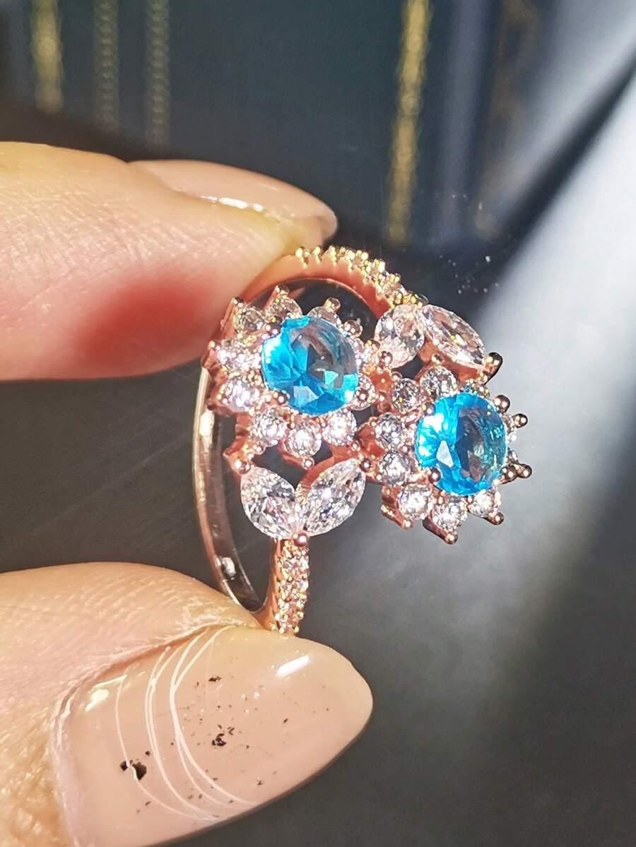 1 件時尚精緻奢華設計雙花方晶鋯石戒指,非常適合女士婚禮、訂婚紀念日或作為禮物