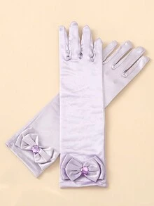 1 双蝴蝶结和水钻装饰儿童肘长手套，适合婚礼、表演、派对