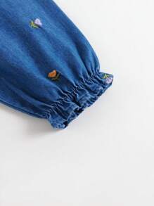 女童時尚滿底刺繡花苞袖翻領長袖牛仔連衣裙 秋季