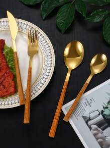 4pcs/24pcs Retro Stainless Steel Flatware Set With Wood Grain Handle, Including Steak Knife, Desert Spoon, Suitable For Kitchen, Hotel, Restaurant, Afternoon Tea And Party Tableware Set - Multicolor - View 3