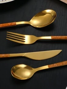 4pcs/24pcs Retro Stainless Steel Flatware Set With Wood Grain Handle, Including Steak Knife, Desert Spoon, Suitable For Kitchen, Hotel, Restaurant, Afternoon Tea And Party Tableware Set - Multicolor - View 5