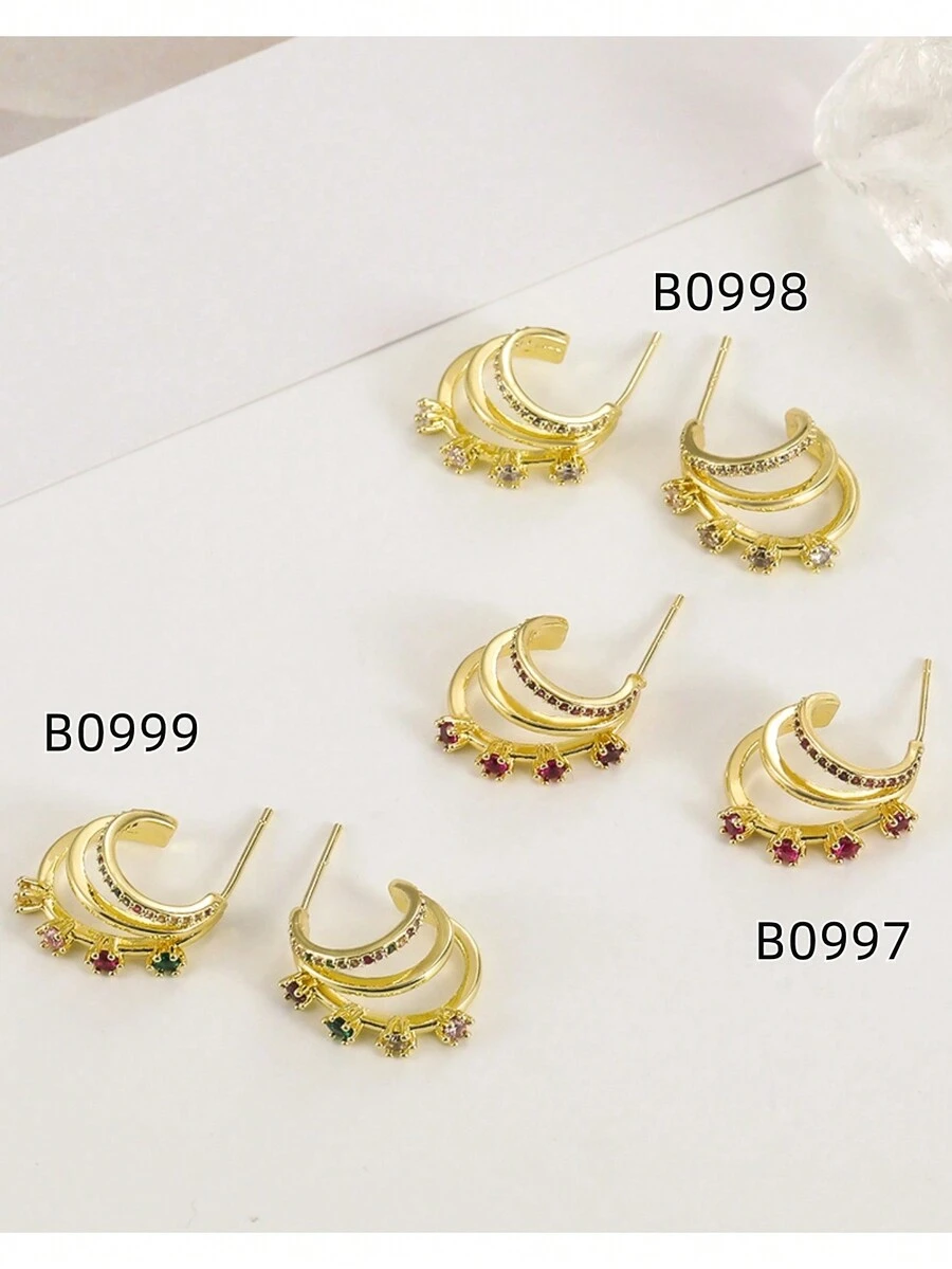 1對獨特設計三角形鑲嵌耳環,簡單時尚開口c形耳環,適用於女士,送禮佳選 - 彩色 - 查看 1