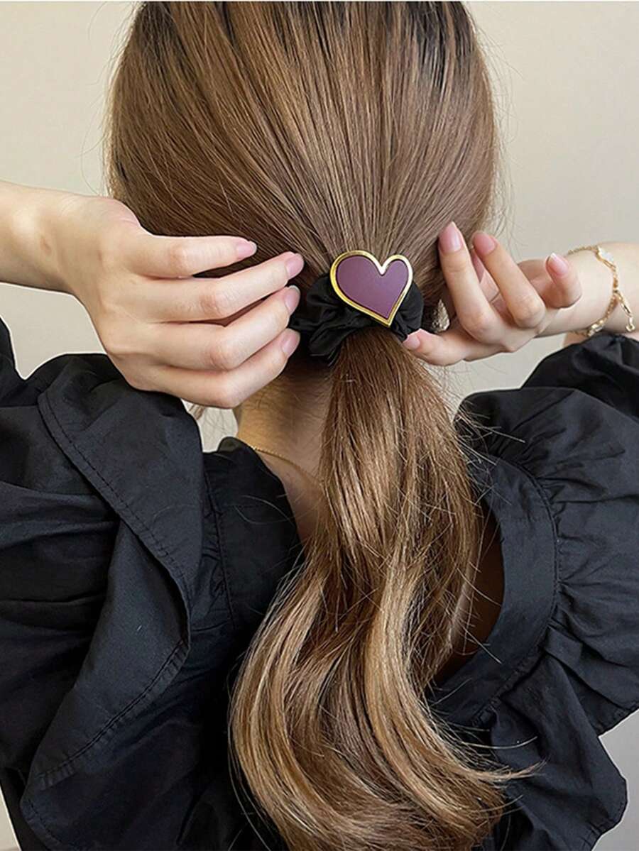 1pc Heart & Colored Scrunchies Hair Scrunchie For Women, Winter - Hot Pink - View 1