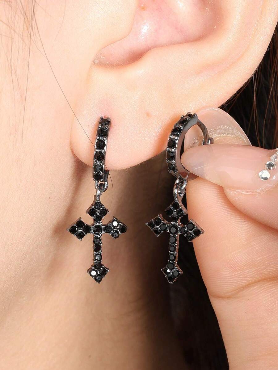 rakol 2pcs Cross & Rhinestone Decorated Punk Style Dangle Earrings - Black - View 1