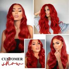 Long Red Wavy Wigs for Women Curly Middle Part Red Wig Natural Looking Synthetic Heat Resistant Fiber Wigs Hair for Daily Party Use (Bright Red) - Red - View 10
